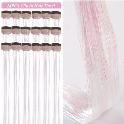 ZYXQZYX Hair Tinsel Kit Pack of 18 Pcs Hair Tinsel Clip in 19.6Inch Glitter Tinsel Hair Extensions Heat Resistant Clip in Hair Tinsel Sparkle Fairy Hair Accessories for Kids Girls Women (White Pink) - Image 2