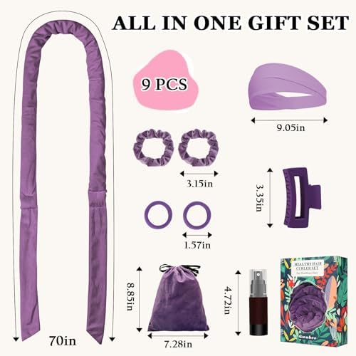 Gwabee No Heat Overnight Curl Headband, 70" Soft Ribbon Wrap with 9 PCS Curling Rods and Yoga Strap - Purple - Image 5