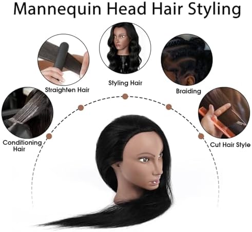 80% Real Hair Mannequin Head,TopDirect 26''Black Hairdresser Cosmetology Doll Head Styling,Manikin Heads Hairs Braiding DIY Styling with Clamp Holder and Tools Set - Image 3