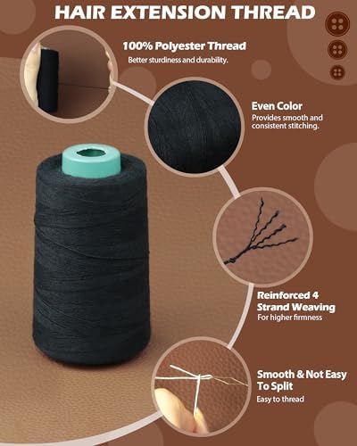 FIVEIZERO 900yd Black Sew in Hair Extension Thread and 30pcs T/C/J/I Needle - Image 4