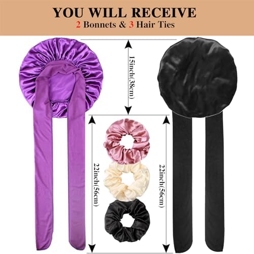 2+3 Large Satin Bonnets with Scrunchies for Women, Hair Bonnet Sleeping Tie Bonnet for Braids Curly Hair - Image 2