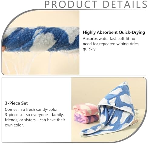3 PCS Hair Towel Wrap Cute Pastel Floral Print Microfiber Fleece Hair Drying Towel Cap Soft Quick Dry for Women Bath Spa (Cloud) - Image 5