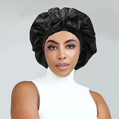 Satin Bonnet Silk Sleep Cap with Stretchy Tie Band for Curly Hair - Silk Hair Wrap (Black Pink Rose + Black) - Image 2