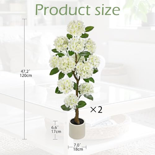 4FT White Hydrangea Artificial Flowers Tree Large Real Touch Faux Silk Hydrangea Plants Potted Fake Flower in White Pot for Home Indoor Outdoor Front Porch Garden Entrance Living Room Decor, 2 Pack - Image 2