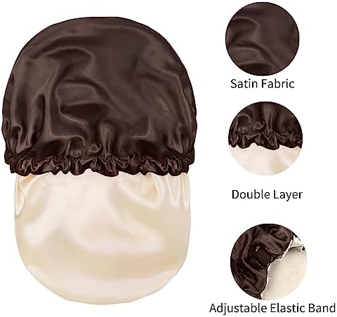 Satin Bonnet Silk Hair Cap: 2pcs Double Layer Reversible Extra Large Jumbo Adjustable Satin Lined Stainless Oversized Bonnets Sleep Night Cap No Slip-Off for Women Braids Sleeping (Black+Coffee) - Image 4