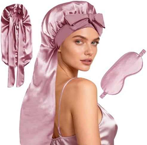 Womens 2Pcs Silk Satin Bonnet Long Hair Bonnets For Sleeping Silky Bonnet With Eye Mask Braids Curly Hairs Sleep Cap by WJingYiJia