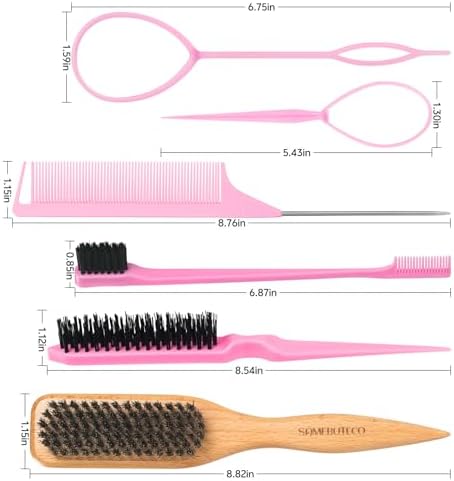 SAMEBUTECO 6pc Slick Back Hair Brush Set, Boar Bristle Wood Handle, 2 Topsy Tails, Edge Comb, Teasing Tool & Fine Tooth Pin Tail Comb for Sleek Ponytail, Braid Styling, Flyaways Control - Pink - Image 2