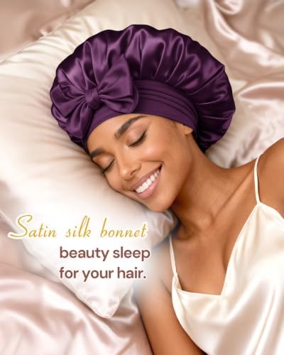 BONNET QUEEN Silk Bonnet for Sleeping Women Satin Bonnet Night Sleep Cap Wrap for Curly Hair with Adjustable Tie Band, Single Layer, Prune - Image 2