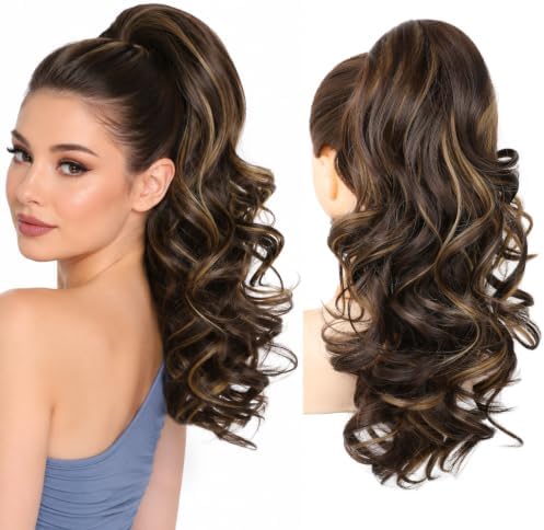 REECHO Ponytail Extension, 18" Clip in Ponytail Hair Extensions for Women, Short Wavy Synthetic Pony Tail Hairpiece for Daily Wear Cheer Dance,Dark Brown with Highlights by REECHO