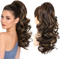 REECHO Ponytail Extension, 18" Clip in Ponytail Hair Extensions for Women, Short Wavy Synthetic Pony Tail Hairpiece for Daily Wear Cheer Dance,Dark Brown with Highlights by REECHO