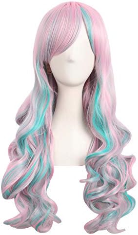 MapofBeauty Lolita Long Curly Clip on Ponytails Cosplay Wig, Pink/Blue - Image 3