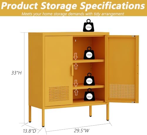 Yellow 2 Door Metal Storage Cabinet, Ventilated Accent Locker with 2 Adjustable Shelves, Freestanding 3 Tier Storage Sideboard Cabinet for Living Room Kitchen Bedroom Entryway Office - Image 2