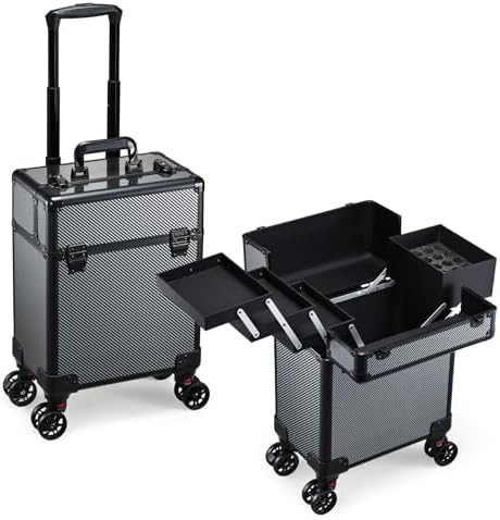 Rolling Makeup Case, Cosmetology Case on Wheels Professional Vanity Case with Trays for Women Large Travel Makeup Box Organizer Trolley with Key, Ashy Grey by Mecucasi