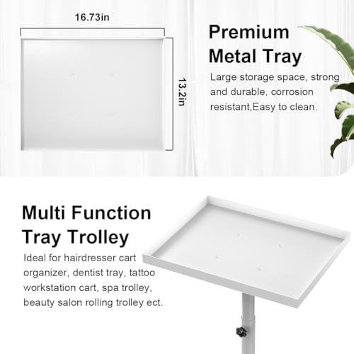 Salon Tray on Wheels, Salon Tray Cart Tattoo Tray Rolling Trolley, Hair Stylist Tray Height Adjustable, Dental Tray Hairdresser Tray Rolling Table Tray Cart (White) - Image 2