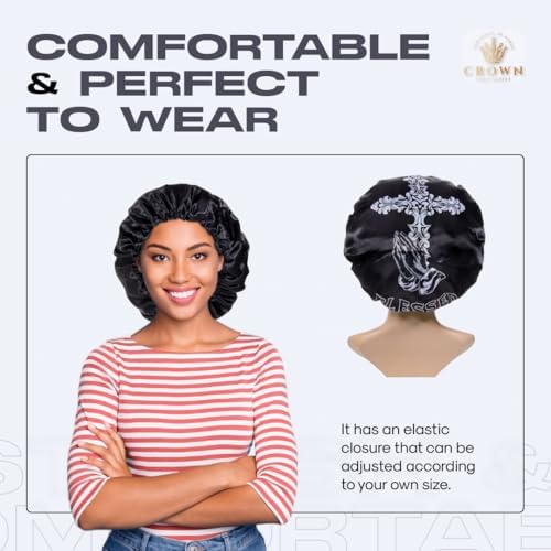 Silky Design Bonnet with Elastic Soft Band Adjustable Women and Men Bonnets for Sleeping Comfortable Satin Fabric (BlackCross) - Image 4