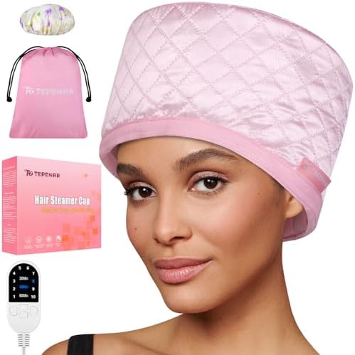 TEPENAR Hair Steamer for Deep Conditioning: Upgraded Heat Cap with 10-Level Fast Heating 3 Time Settings for Natural Hair Portable Thermal Steam Cap for Home Hair Treatment - Pink by HOME