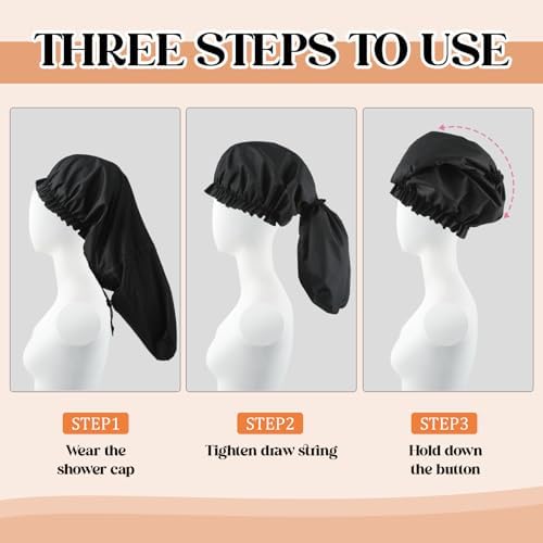 2 Pcs Large Shower Cap for Braids, Extra Long Shower Cap for Women Long Hair & Locs, Waterproof Hair Bonnets for Dreadlocks Drawstring Bath Caps for Women & Men (Black, Leopard) - Image 4