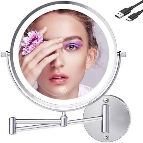9 Inch Large Rechargeable Lighted Makeup Vanity Mirror Wall Mounted, 1X/10X Magnifying Mirror with Light for Bathroom 3000mAh USB Charging, Chrome Wall Mounted Mirror Swing Arm with 3 Light for Makeup by TUSHENGTUMakeupmirror