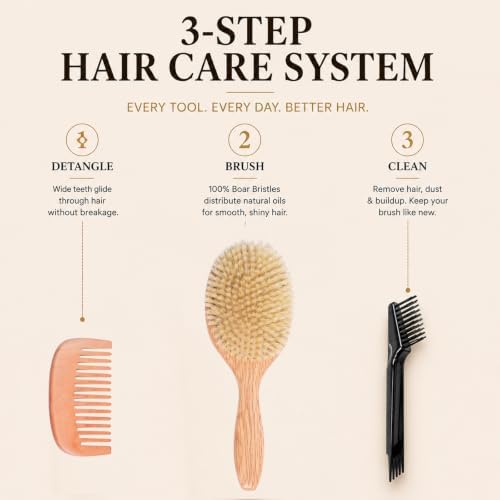 100% Boar Bristle Hair Brush for Fine Thin Hair, Natural Soft Boar Bristle Oval Cushion Brush with North American Oak Wood Handle for Women, Smooth Frizz & Enhance Shine, Wide Tooth Comb & Cleaner - Image 4