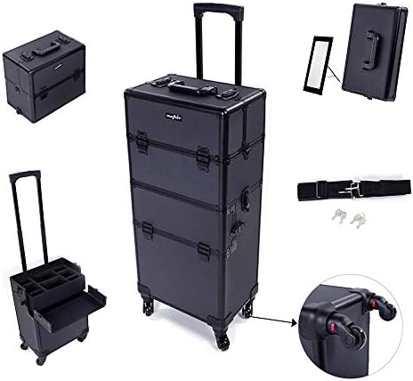 mefeir 2 in 1 Rolling Makeup Train Case Professional Cosmetic trolley on Wheels Aluminum Nail Cart Cosmetic Suitcase for professional makeup artist, Luggage Lockable w/4 Removable Wheels (Black) by OmySalon