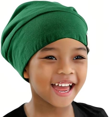 Kids Beanie Sleep Hats Bonnet Silky Lined Satin Bonnet with Elastic Band Child Curly Frizzy Hair Cover(Forest Green) by ELIHAIR