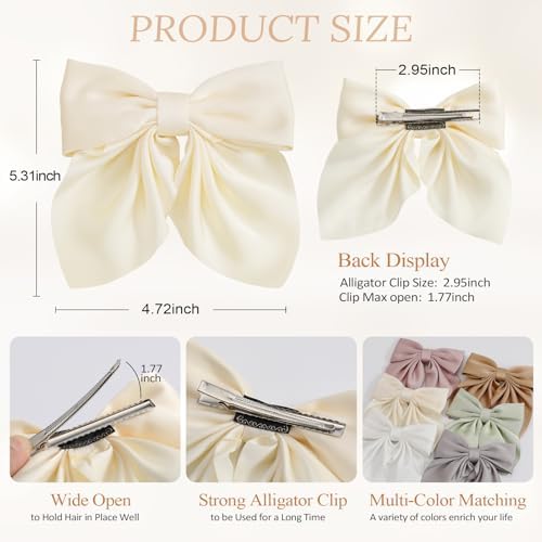 Seiolieliou 6Pcs Hair Bows for Women, Silky Satin Bow Hair Clips for Girls - Image 4