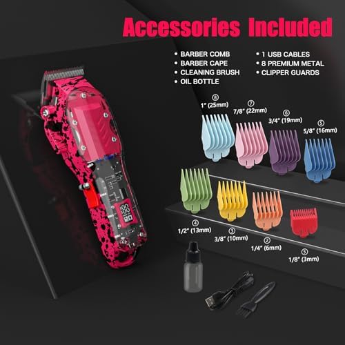 Professional Hair Clippers for Woman, Cordless Barber kit for Hair Cutting & Grooming, Hair Clippers Set for Barber Haircut with LED Display 8 Fade Taper Combs(Pink) - Image 3