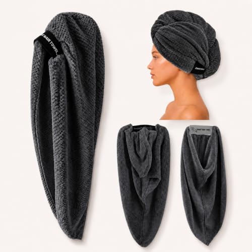 – Microfiber Hair Towel Wrap for Women, Super Absorbent, Quick Dry, Lightweight, Anti-Frizz, Long Thick Curly Hair (Charcoal Gray, Large) by SmartHairTowel