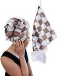 New Microfiber Hair Towel Collection – Mocha Check Quick Dry Hair Towel Wrap for Women – Anti-Frizz Microfiber Hair Turban for Long, Curly & Thick Hair with Large Loop Closure by BlairCo