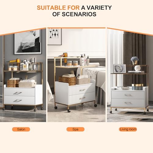 Salon Rolling Trolley with Lockable Wheels Barber Cart with Storage Drawer Mobile Hair Station Cabinet for Beauty Makeup Esthetician Spa Massage (White+one Shelf+Two Drawers) - Image 4