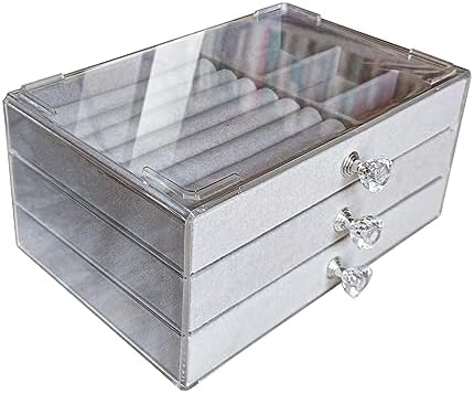 Clear Acrylic Velvet Jewelry Organizer with 3 Drawers, Stackable Display Storage Earrings Necklace Rings Bracelets Box Holder Case for Women, Grey by Jemjosh
