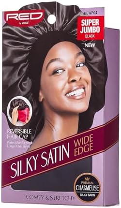 Red by Kiss Reversible Silky Satin Hair Cap Hair Bonnet with Wide Edge Double Wear Cap, Super Jumbo (Black) - Image 5