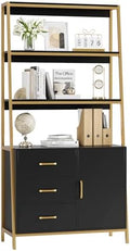 HITHOS Black Gold Bookshelf, 69" H Ladder Book Shelf with Drawers & Shelves by HITHOS
