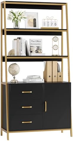 HITHOS Black Gold Bookshelf, 69" H Ladder Book Shelf with Drawers & Shelves by HITHOS