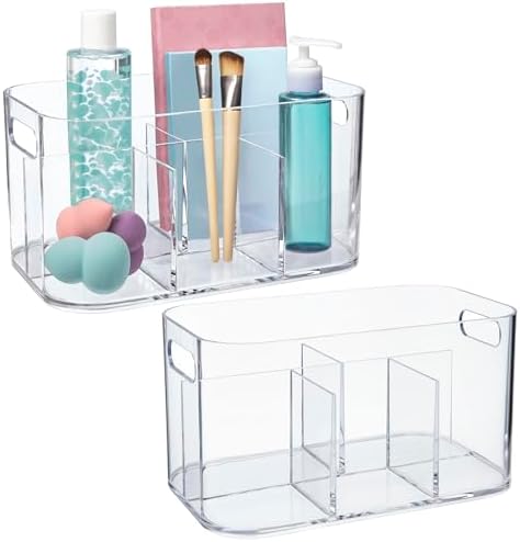 STORi Bliss 5-Compartment Plastic Cosmetics Storage Organizer, Set of 2 | Clear | Rectangular Divided Makeup Bin & Vanity Caddy with Pass-Through Handles | Round Corner Design | Made in USA by STORi