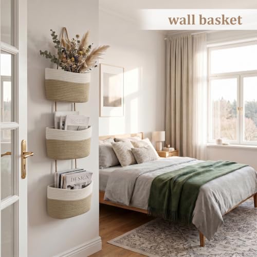 TeoKJ Over the Door Hanging Basket, 3-Tier Woven Cotton Wall-Mounted Storage Organizer Bag Decorative Hanging Nursery Baskets, White & Jute - Image 3