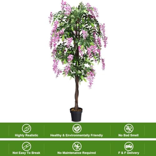 Goplus 6FT Ficus Artificial Tree, 2 Pack Fake Wisteria Tree in Nursery Pot, Greenery Faux Floor Plant, Tall Artificial Plants for Indoor Outdoor Bedroom Living Room Decor - Image 5