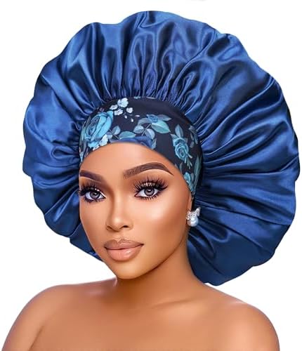 Isshin Beauty Silk Satin Bonnet Hair Cap: 2pcs 17inch Diameter Extra Large Jumbo Sleeping Satin Bonnets (Blue & HotPink) - Image 3