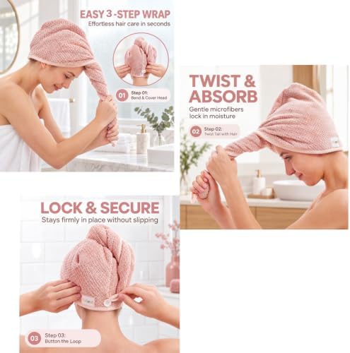 M-bestl 2 Pack Microfiber Hair Towel Wrap with Button,Quick Dry(Pink&Beige) - Image 2