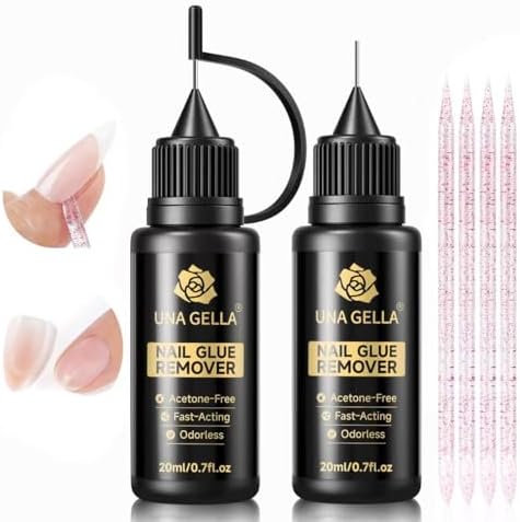 UNA GELLA 20ml*2PCS Nail Glue Remover for Press on, Multi-Functional Pinpoint Glue Remover Fast Removal Gentle Non-Acetone with Crystal Sticks for Nails Polish False Acrylic Nail Tips Home DIY by UNAGELLA