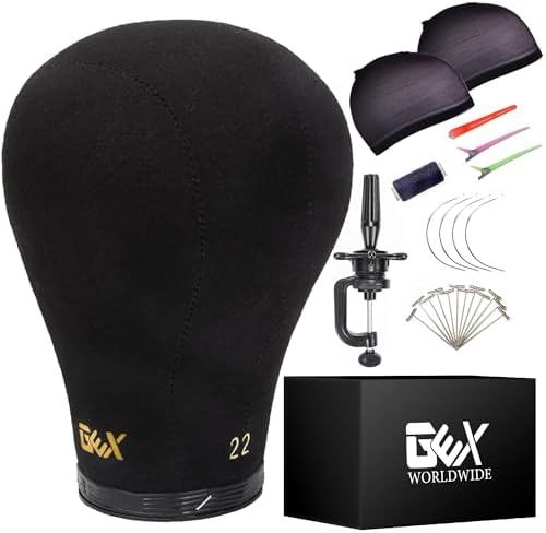 GEXWORLDWIDE GEX 20"-24" Canvas Cork Wig Block Mannequin Head for Wig Making Drying Styling Display with Table C Clamp Stand Holder (Black 20.5") by GEXWORLDWIDE