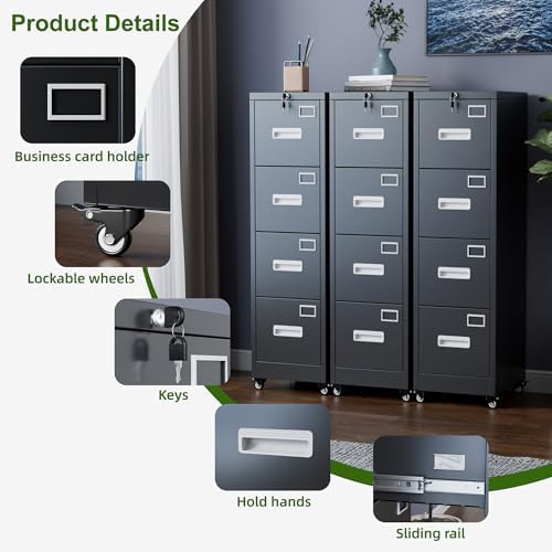 Aobabo 4 Drawer Metal File Cabinet with Lock and Wheels, Black - Image 3