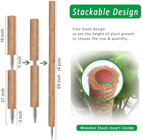 Moss Pole, 4Pack 21 Inch Plant Support Stakes for Indoor Plants, Monstera Plant Support Stakes, 69 Inch Tall Coir Plant Pole Sticks for Potted Plants, Pothos, Philodendron, Climbing Plants Accessories - Image 2