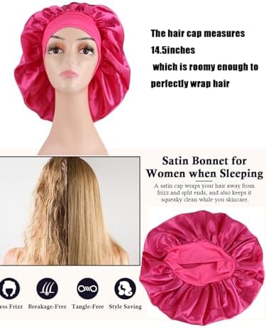 2 Pcs Extra Large Size Women Satin Bonnet Sleep Cap Silk Feeling Shower Cap Hair Scarf Wrap (Black Burgundy Hot Pink) (Hot Pink) - Image 5