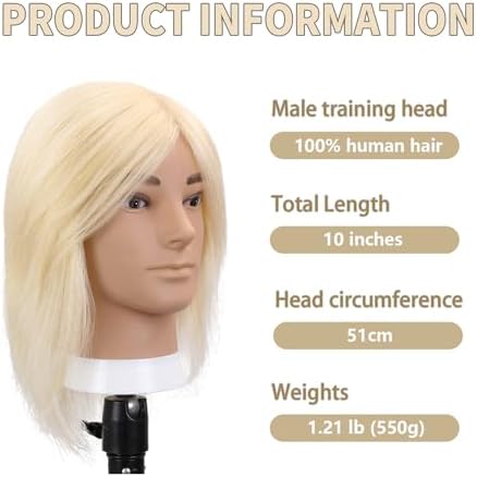 10" Male Mannequin Head with 100% Real Human Hair, Professional Barber Cosmetology Training Head for Haircut Styling Practice with Free Clamp Stand, Off-White - Image 3