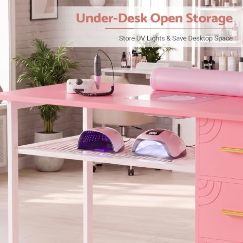 Manicure Table Nail Desk with Dust Collector & Wheels (Pink) - Image 4