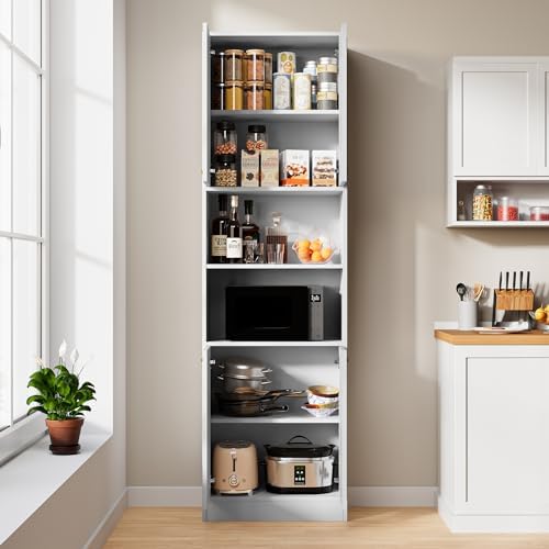 Cozy Castle Kitchen Pantry Cabinet, 75" Tall Wood Storage Cabinet with Doors and Shelves, 4 Doors Open Countertop Utility Hutch Cupboard for Dining Room Living Room Bathroom Furniture, White - Image 5