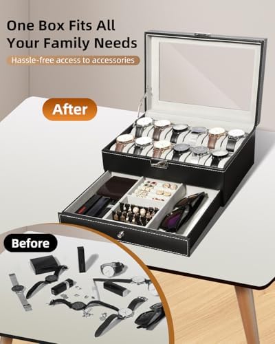 Uten Watch Box 12 Slots, PU Leather Watch Display Case with Jewelry Drawer - Image 3