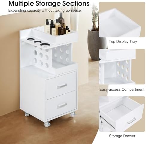 Salon Trolley with Drawers & Holders, Mobile Cart for Salon 2492 (White) - Image 4