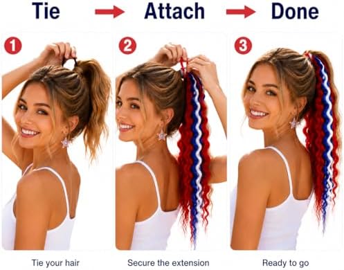 Red White Blue Curly Ponytail Extensions, 4th of July Fashion Color Curly Synthetic Ponytail With Rubber Band for Women & Teens Daily Festival Party Halloween Crazy Days Hair Pieces 2pcs/lot - Image 3